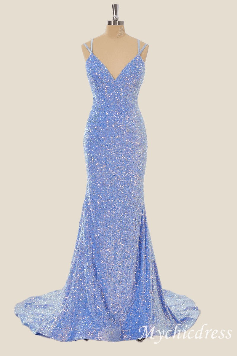 Long Sequin Blue Formal Guest Dresses V Neck Mermaid - MyChicDress