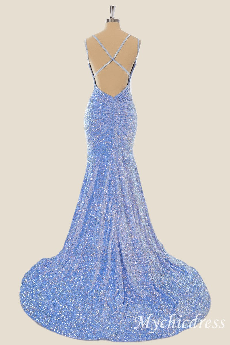 Long Sequin Blue Formal Guest Dresses V Neck Mermaid - MyChicDress