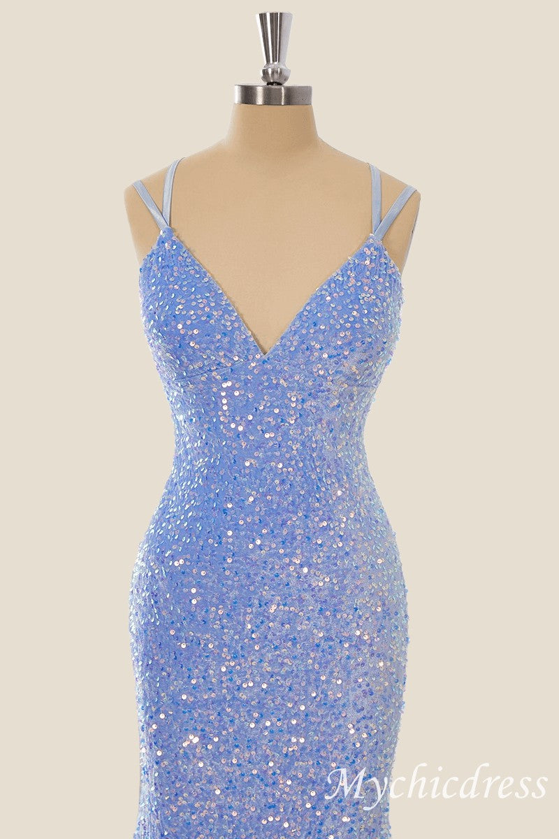 Long Sequin Blue Formal Guest Dresses V Neck Mermaid - MyChicDress