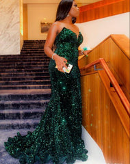 Long Sequin Prom Dress Dark Green Mermaid Formal Dresses Black Women