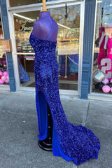 Long Sequin Prom Dress 2024 Royal Blue Formal Dresses One-Shoulder