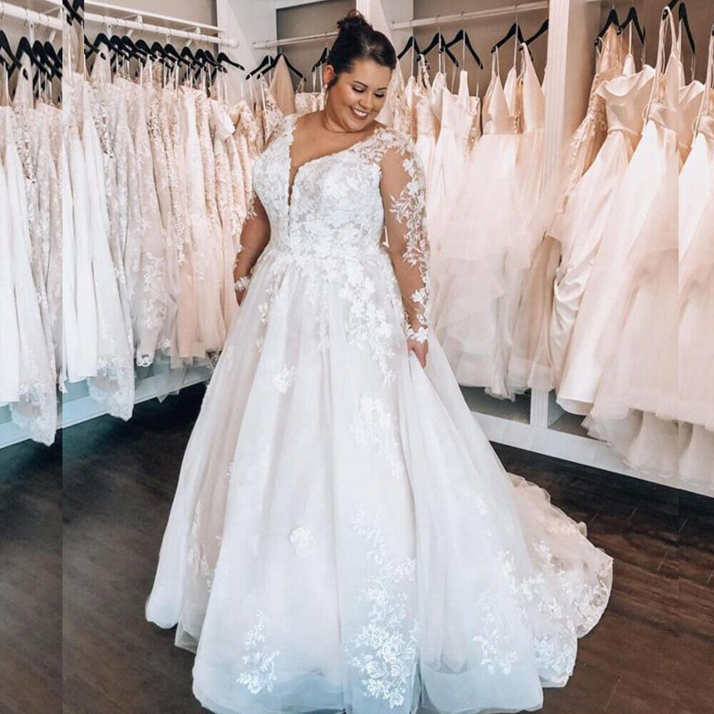 Long Sleeve Beach Plus Size Wedding Dresses Lace V Neck Appliques - MyChicDress