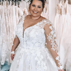 Long Sleeve Beach Plus Size Wedding Dresses Lace V Neck Appliques