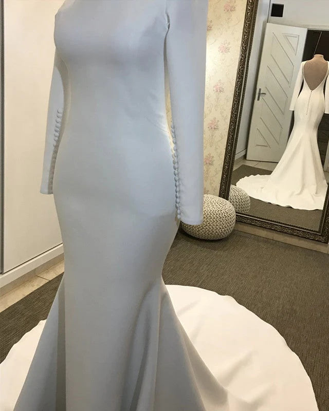 Long Sleeves Satin Minimalist Wedding Dresses Mermaid Open Back - MyChicDress