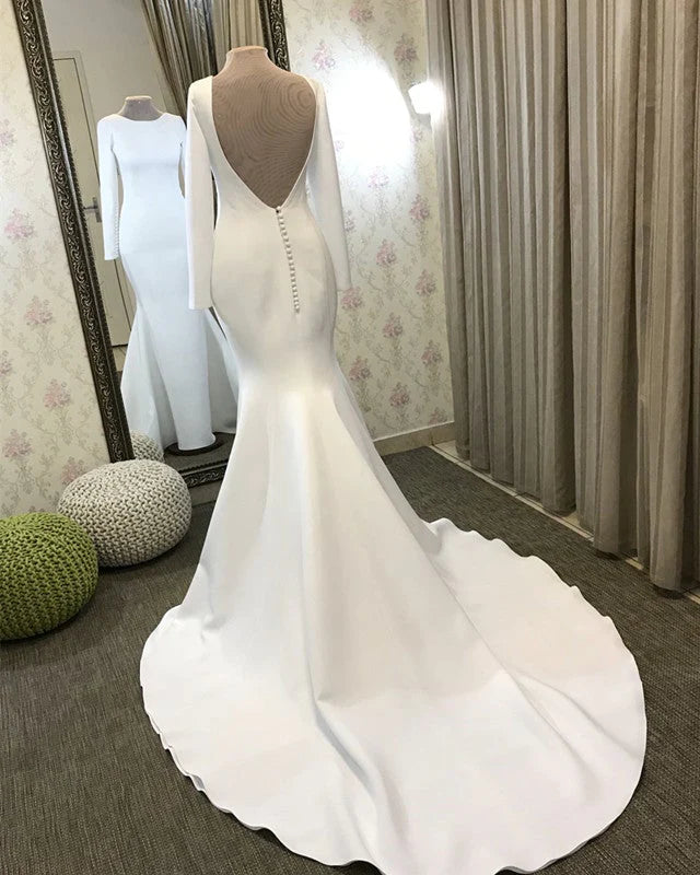 Long Sleeves Satin Minimalist Wedding Dress Mermaid Open Back