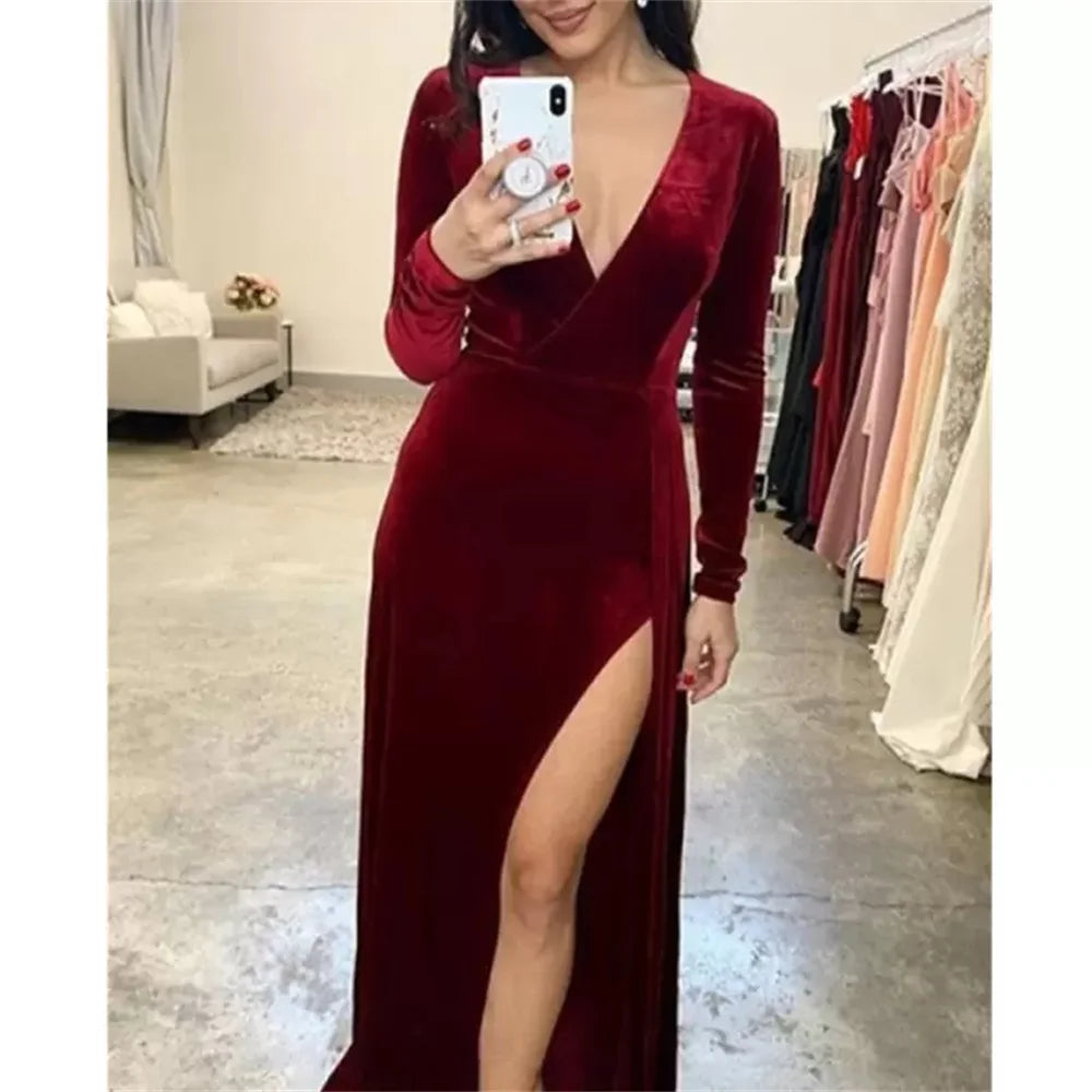 Long Sleeves Hunter Velvet Formal Dress for Wedding Guests Split - MyChicDress