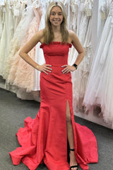 Long Strapless Red Satin Dress for Prom 2025 Mermaid with Slit