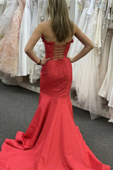 Long Strapless Red Satin Dress for Prom 2025 Mermaid with Slit