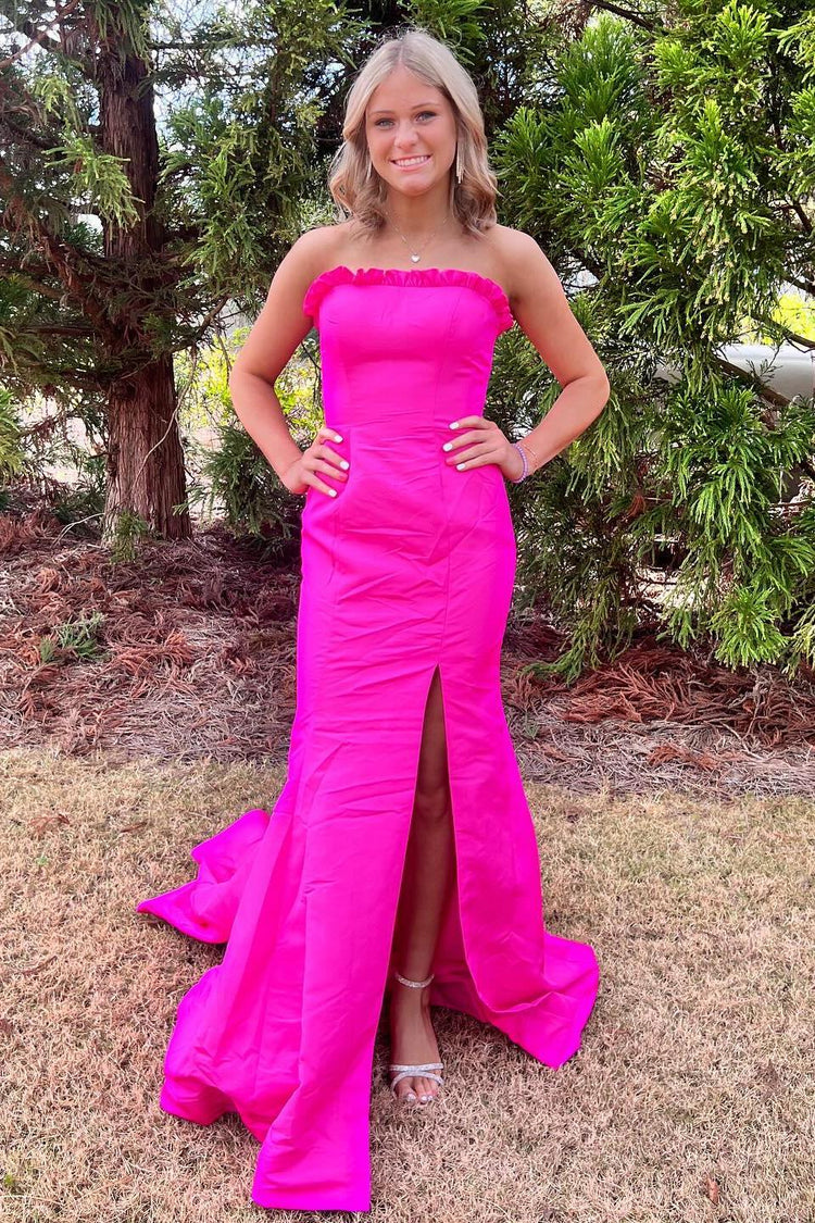Long Strapless Red Satin Dress for Prom 2025 Mermaid with Slit