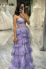 Long Sweetheart Lavender Tiered Formal Dress with Appliques