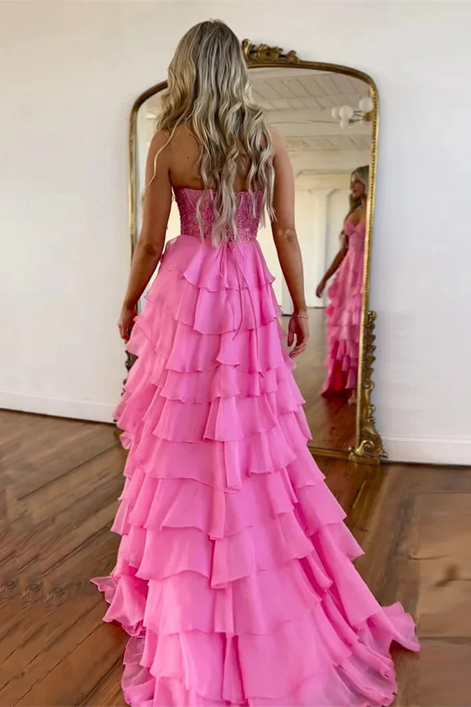 Long Tiered Pink Formal Dresses Corset Lace Prom Dress A-Line - MyChicDress