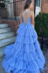 Long Tulle Lilac Corset Prom Dress A Line Ruffled Lace Evening Dress