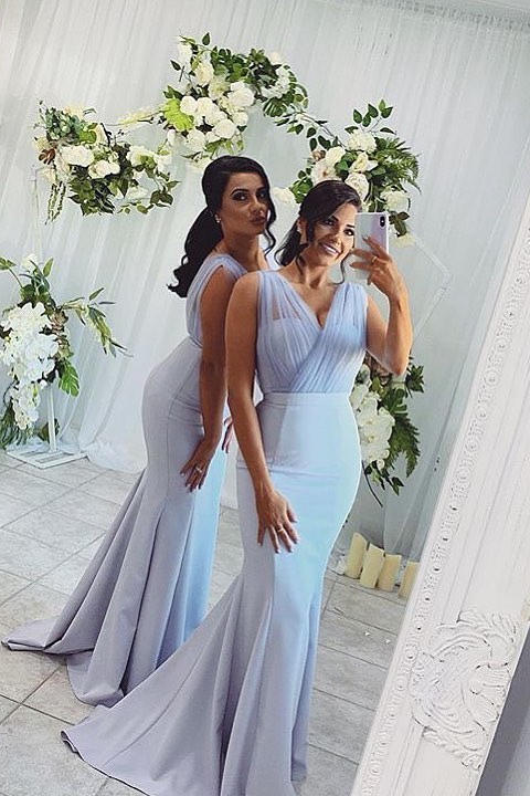 Long Tulle V-Neck Mermaid Boho White Bridesmaid Dresses - MyChicDress