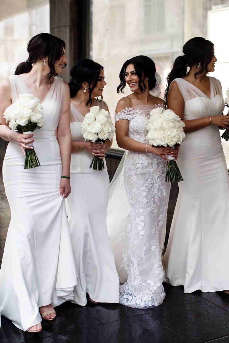 Long Tulle V-Neck Mermaid Boho White Bridesmaid Dresses - MyChicDress