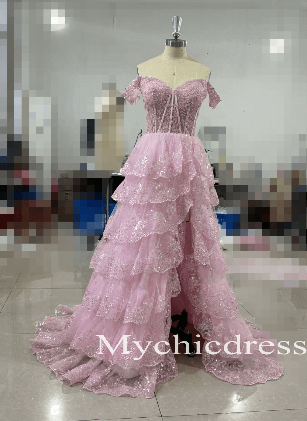 Long Lace Tiered Formal Dress Off the Shoulder Applique Sleeveless - MyChicDress