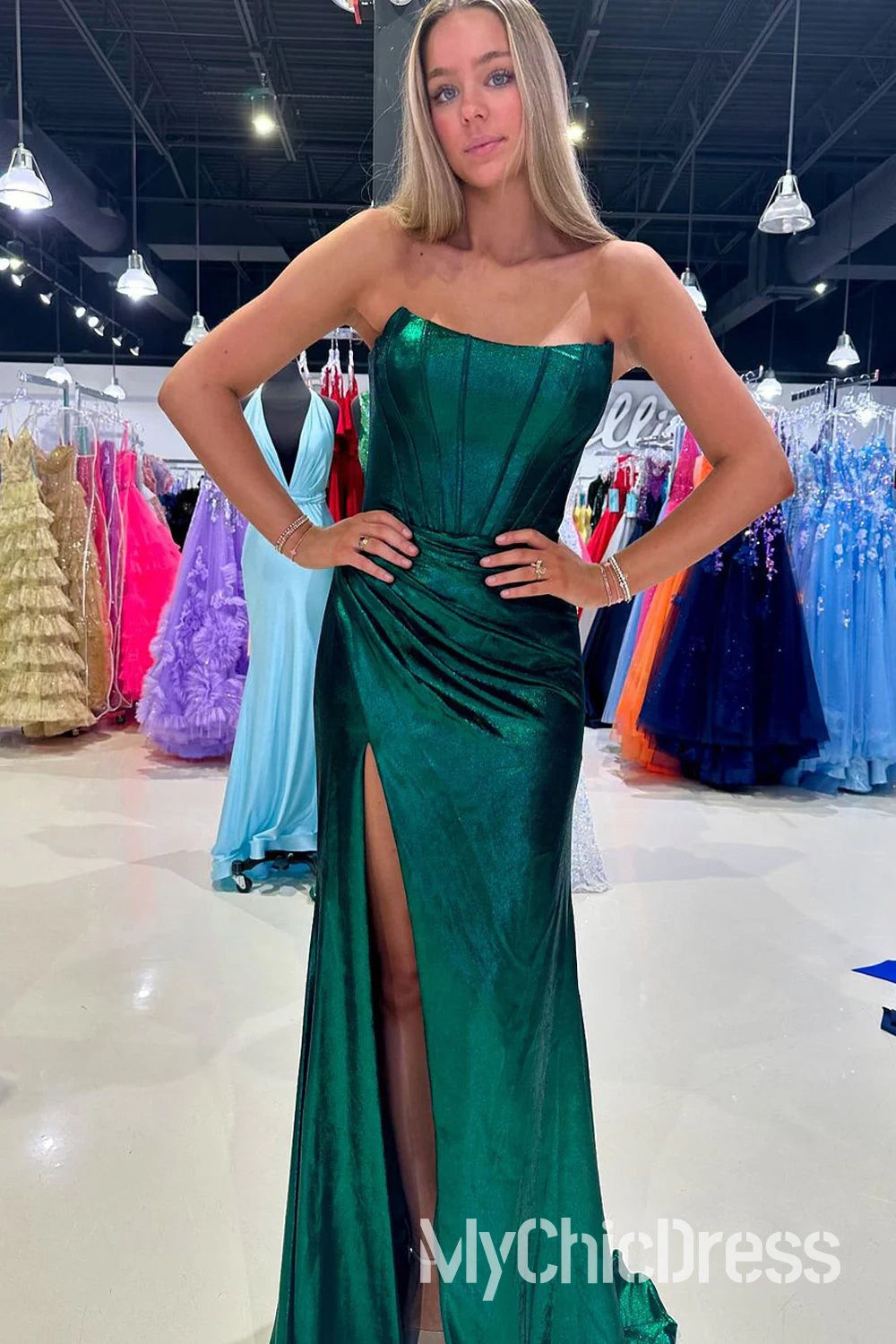 Long Metallic Prom Dress Dark Green Strapless Sheath With Split