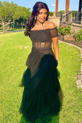 Long Navy Blue Tiered Prom Dress Tulle Off the Shoulder Formal Dress