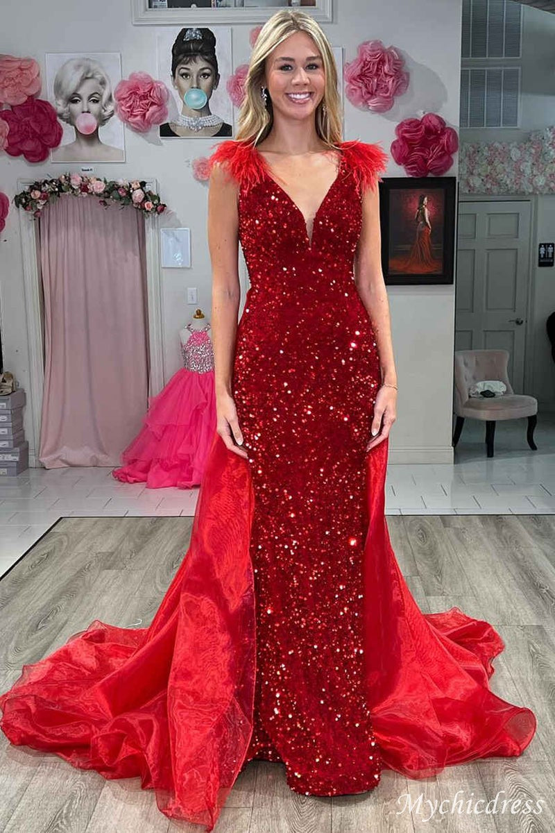 Long red 2024 sequin Mermaid Prom Dresses v-neck with Feathers - MyChicDress