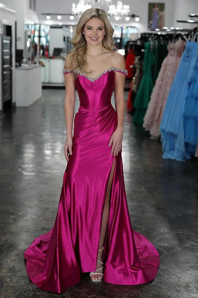 pink evening gown Mermaid Beaded Off the Shoulder Purple Prom Formal Dress with Slit