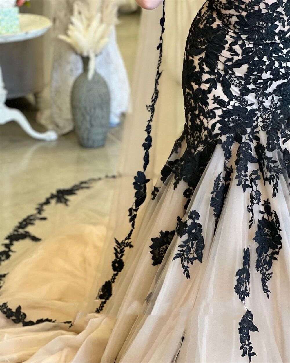 Mermaid Black Champagne Wedding Dresses Lace Strapless Sweep Train MyChicDress