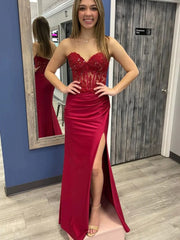 Mermaid Long Beaded Burgundy Lace Prom Dresses Strapless MyChicDress