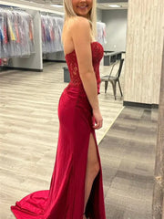 Mermaid Long Beaded Burgundy Lace Prom Dresses Strapless MyChicDress