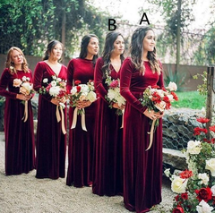 Mermaid Long Sleeves Burgundy Velvet Bridesmaid Dresses Backless MyChicDress