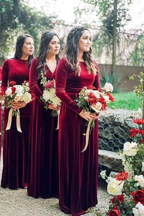 Mermaid Long Sleeves Burgundy Velvet Bridesmaid Dresses Backless MyChicDress