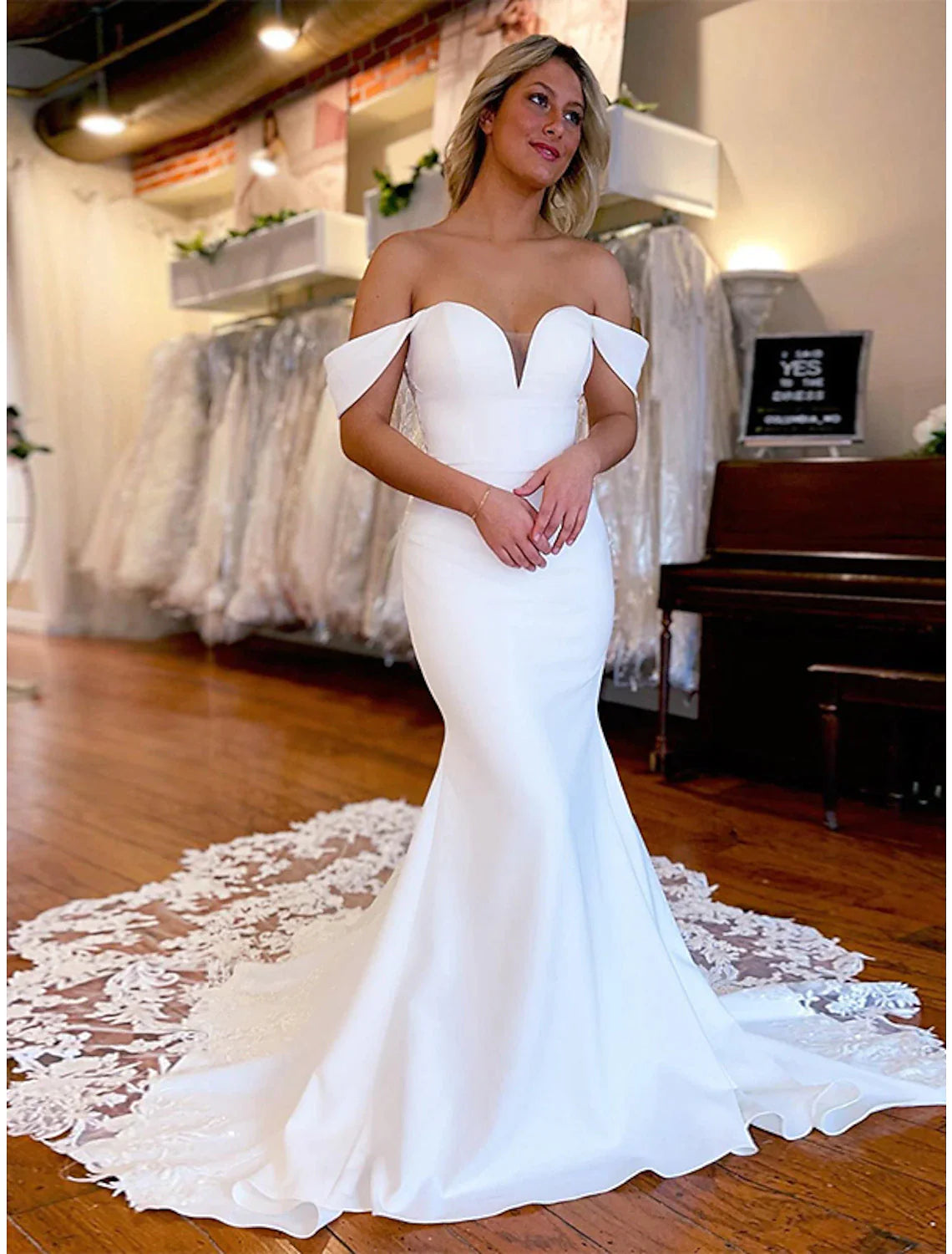 Mermaid Satin Lace Formal Wedding Dresses Off the Shoulder Sleeveless MyChicDress