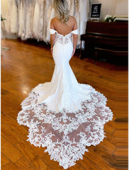 Mermaid Satin Lace Formal Wedding Dresses Off the Shoulder Sleeveless MyChicDress