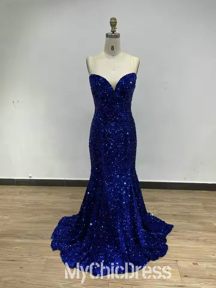 Mermaid Sweetheart Sleeveless Royal Blue Sequin Prom Dresses