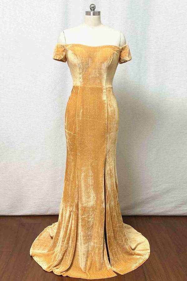 Mermaid Velvet Bridesmaid Dress Off Shoulder Gold Wedding Formal Dress MyChicDress