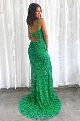 Vestido de baile de lantejoulas prateadas sereia com decote em V longo vestido formal fenda