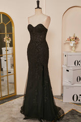 Mermaid Black Prom Dress 2025 Sweetheart Appliques Slit Long Evening Dress