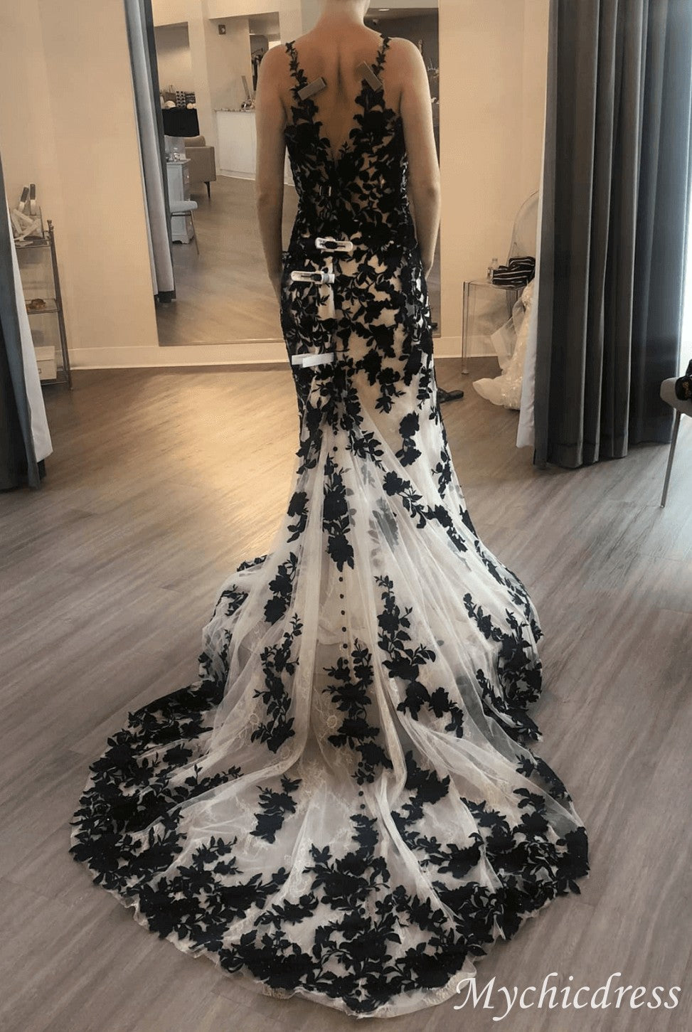 Mermaid Black White Wedding Dresses 2025 Lace Long Prom Dresses - MyChicDress