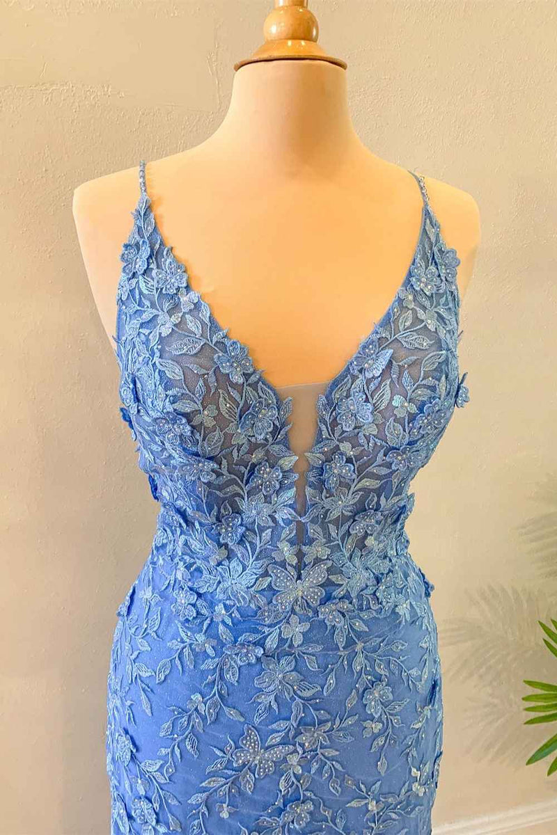 Mermaid Blue Floral Lace Prom Dress Long Evening Dress Appliques - MyChicDress
