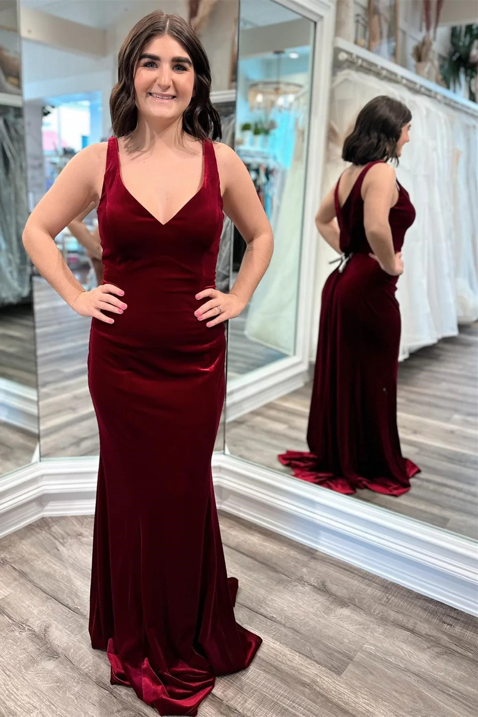 Mermaid Burgundy Velvet Formal Wedding Guest Dress V-Neck - MyChicDress