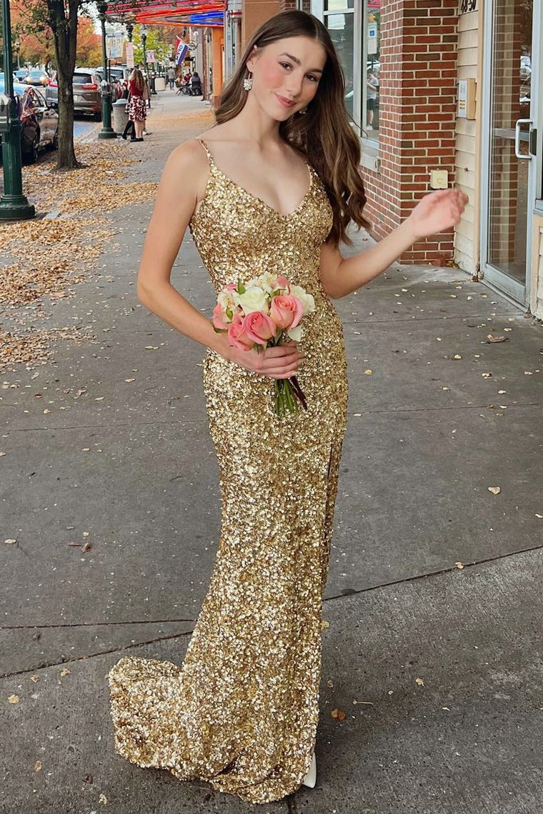 Mermaid Gold Sequin Formal Dress Long V-Neck Grad Dress Backless - MyChicDress