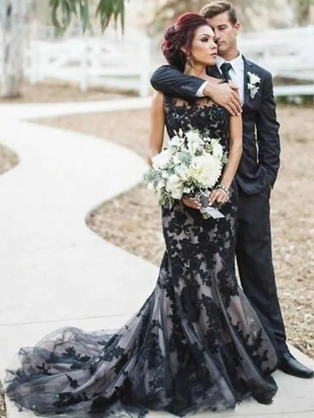 Mermaid Lace Tulle Black Wedding Dress Gothic Bateau Sleeveless - MyChicDress
