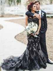 Mermaid Lace Tulle Black Wedding Dress Gothic Bateau Sleeveless