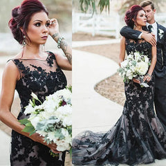 Gothic Mermaid Lace Black Wedding Dress 