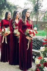 Mermaid Long Sleeves Burgundy Velvet Bridesmaid Dresses Backless