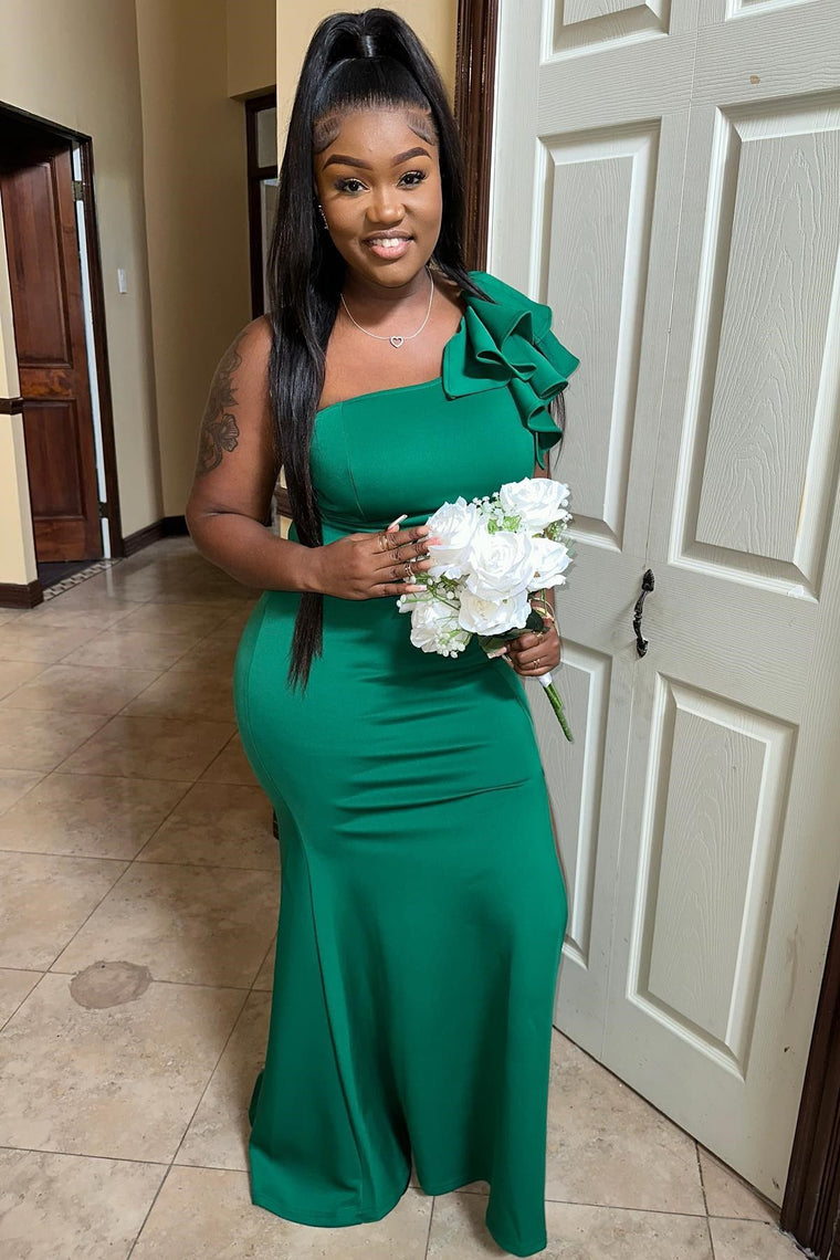 Mermaid One-Shoulder Emerald Green Wedding Guest Dress with Ruffles - MyChicDress