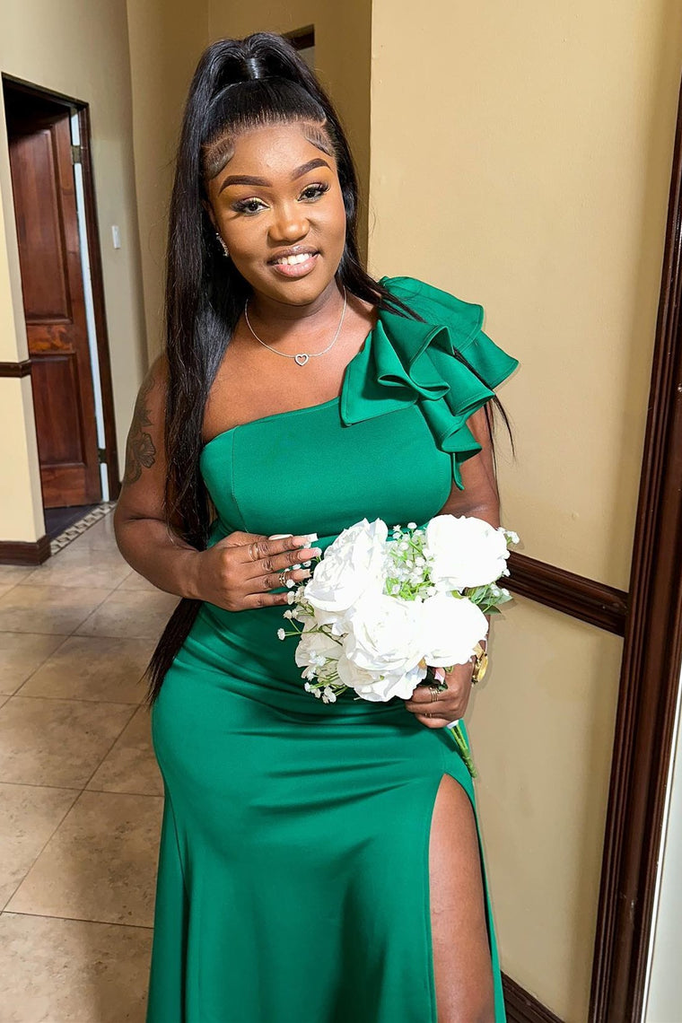 Mermaid One-Shoulder Emerald Green Wedding Guest Dress with Ruffles - MyChicDress