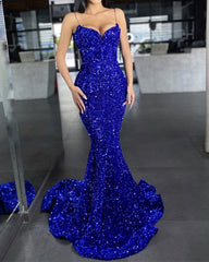 Mermaid  Sequin royal blue Prom Dress VNeck Formal GownSpaghetti Strap