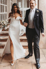 Mermaid Satin Minimalist Wedding Dresses Off the Shoulder with Slit