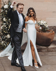 Mermaid Satin Minimalist Wedding Dresses Off the Shoulder with Slit