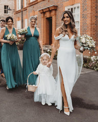 Mermaid Satin Minimalist Wedding Dresses Off the Shoulder with Slit