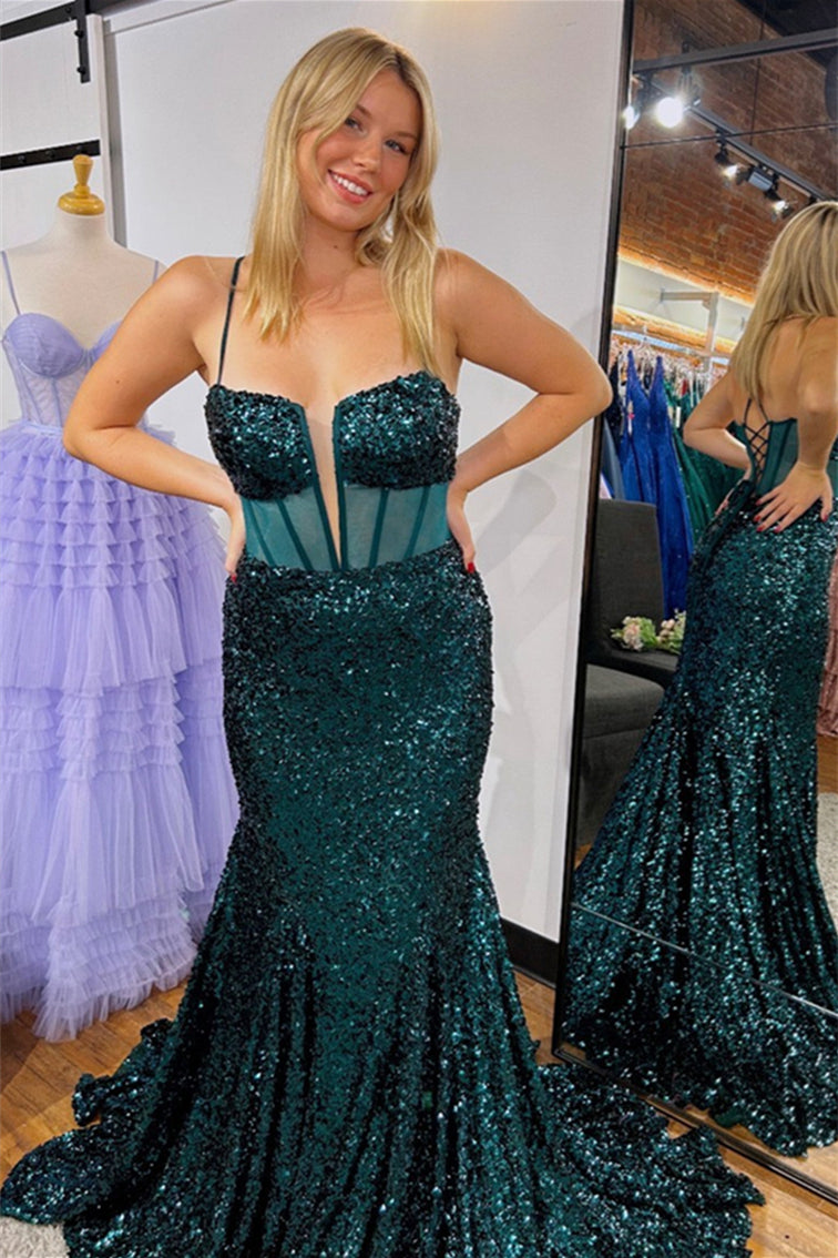 Mermaid Sequin Corset Prom Dress Dark Green Spaghetti Straps - MyChicDress