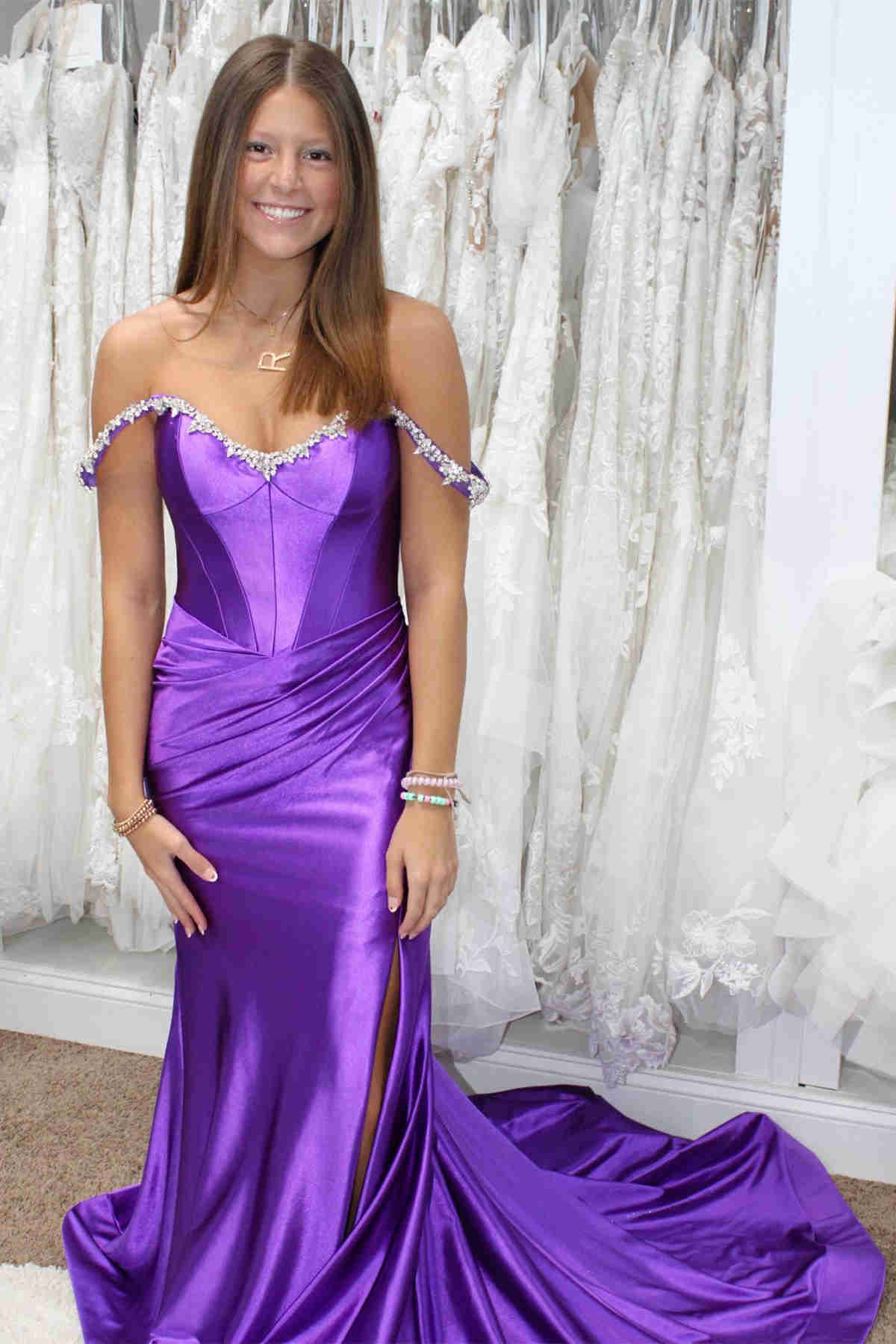 Mermaid Beaded Off the Shoulder Purple Prom Formal Dress with Slit Mychicdress